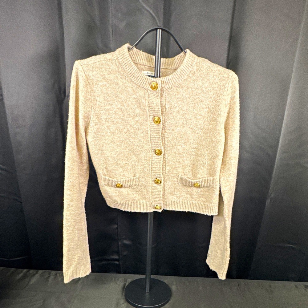 American Eagle Womens Beige Knit Button-Front Crew Cardigan Sweater S (1277)